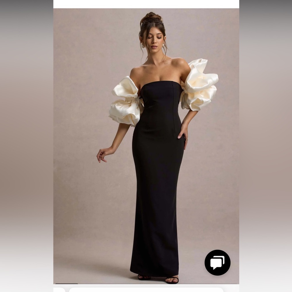 Club L London Bridal Bachelorette Bride Elegant Black Cream Puff Sleeve Dress